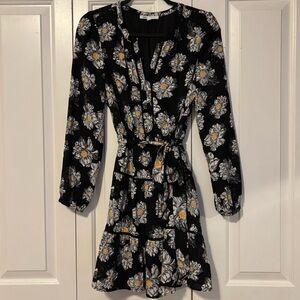 Floral Tie-Waist Long Sleeve Dress - Black Daisy